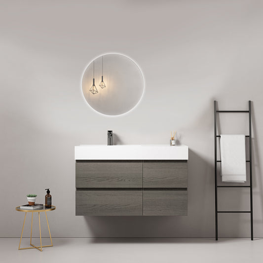 Mobile bagno sospeso 100 cm Grey Lavabo a Sinistra in Resina Specchio Tondo Retroilluminato - Fiji Wood