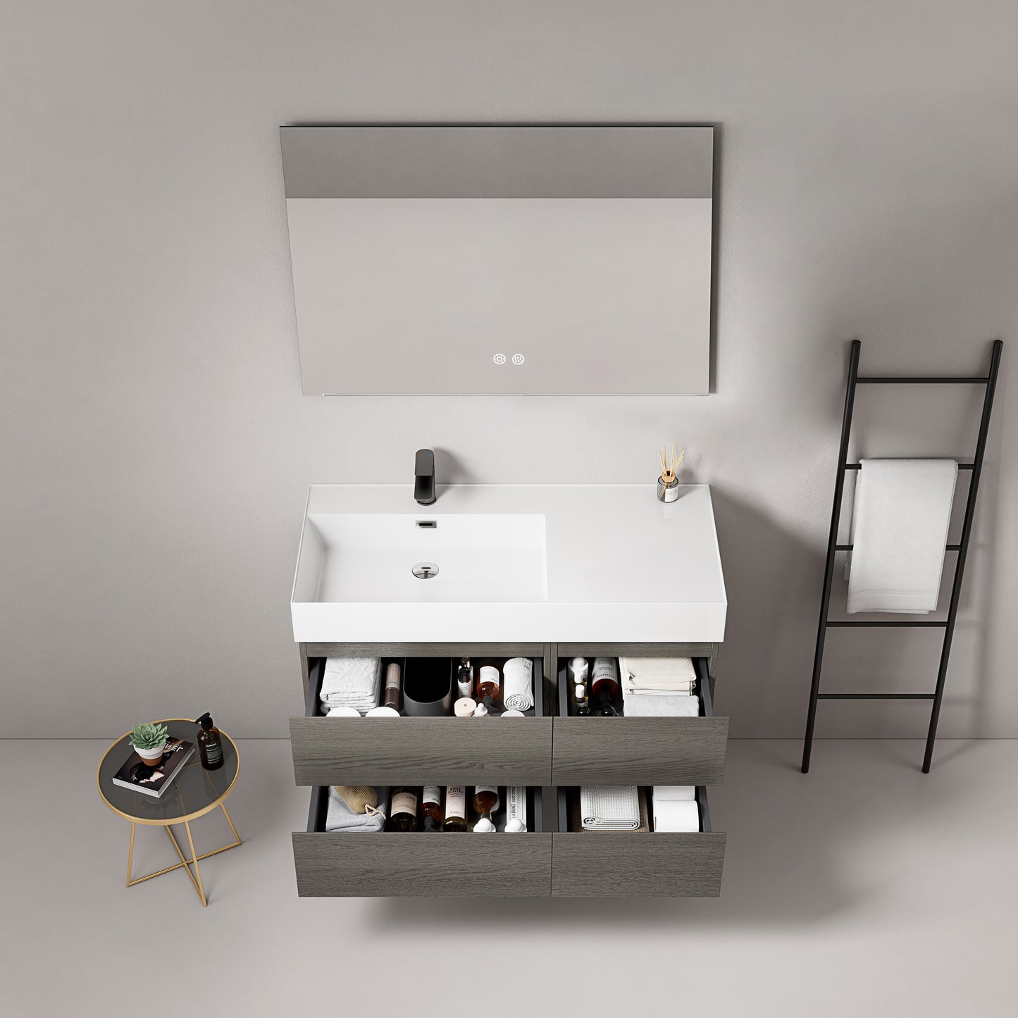 Mobile bagno sospeso 100 cm Grey Lavabo a Sinistra in Resina Specchio Quadro - Fiji Wood