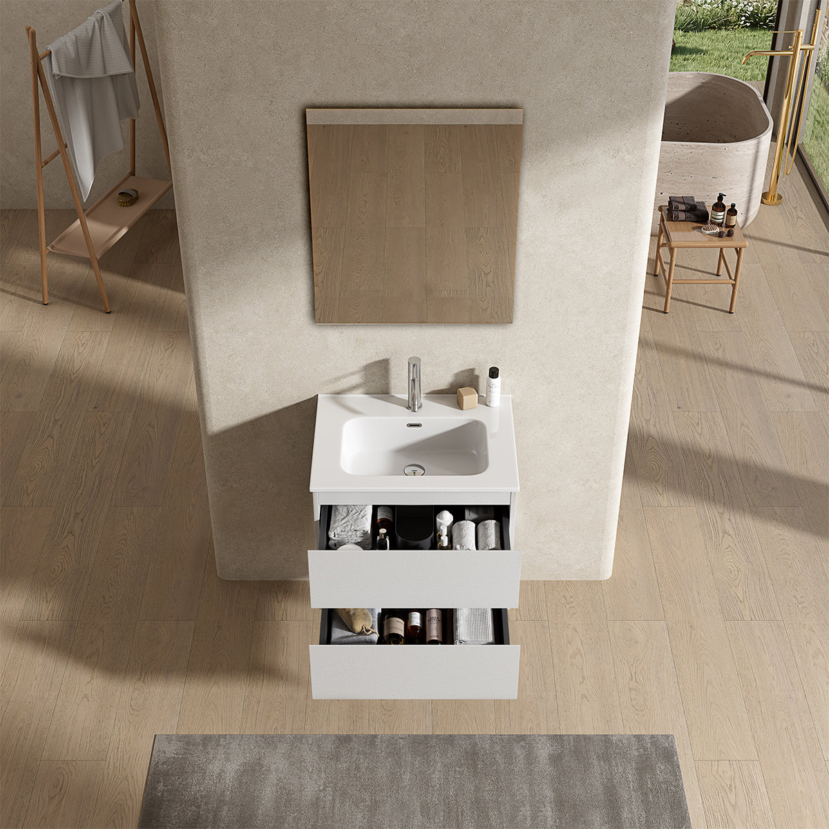 Mobile bagno sospeso 60 cm Bianco Lavabo in Ceramica Specchio Quadro - Fiji Wood