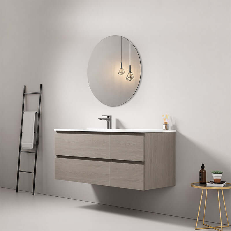 Mobile bagno sospeso 120 cm Beige Lavabo a Sinistra in Ceramica Specchio Tondo - Fiji Wood