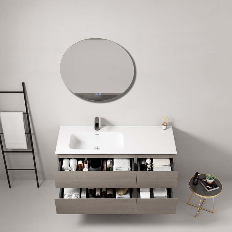 Mobile bagno sospeso 120 cm Beige Lavabo a Sinistra in Ceramica Specchio Tondo - Fiji Wood