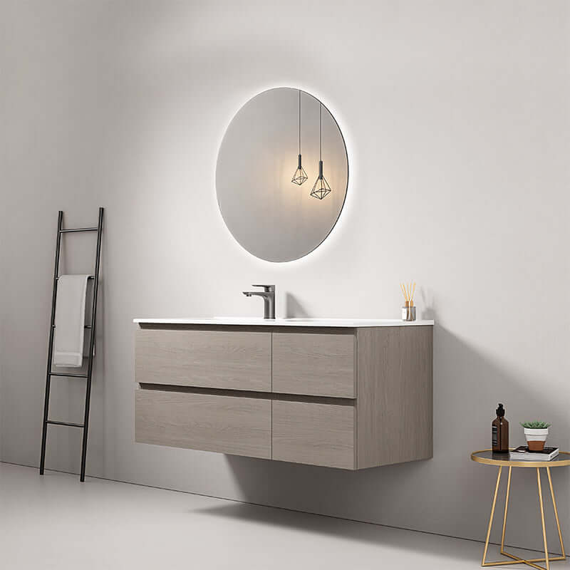 Mobile bagno sospeso 120 cm Beige Lavabo a Sinistra in Ceramica Specchio Tondo Retroilluminato - Fiji Wood