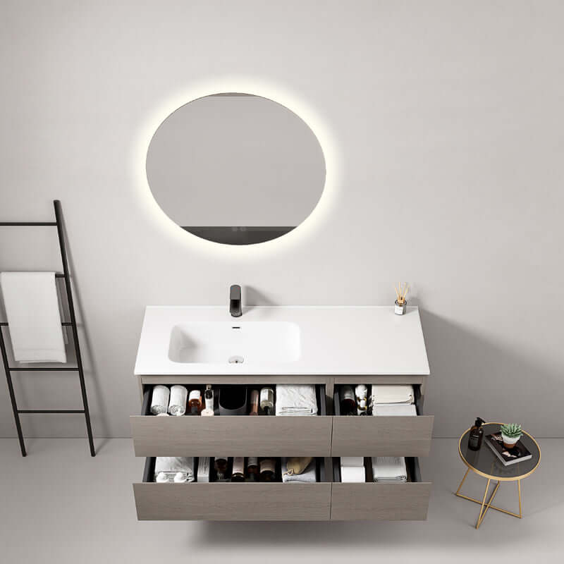 Mobile bagno sospeso 120 cm Beige Lavabo a Sinistra in Ceramica Specchio Tondo Retroilluminato - Fiji Wood