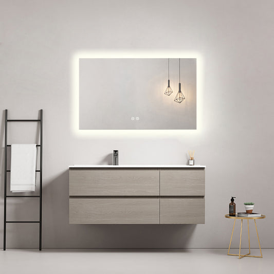 120cm Beige Wall-hung Bathroom Cabinet Left-Hand Ceramic Sink Backlit Square Mirror - Fiji Wood