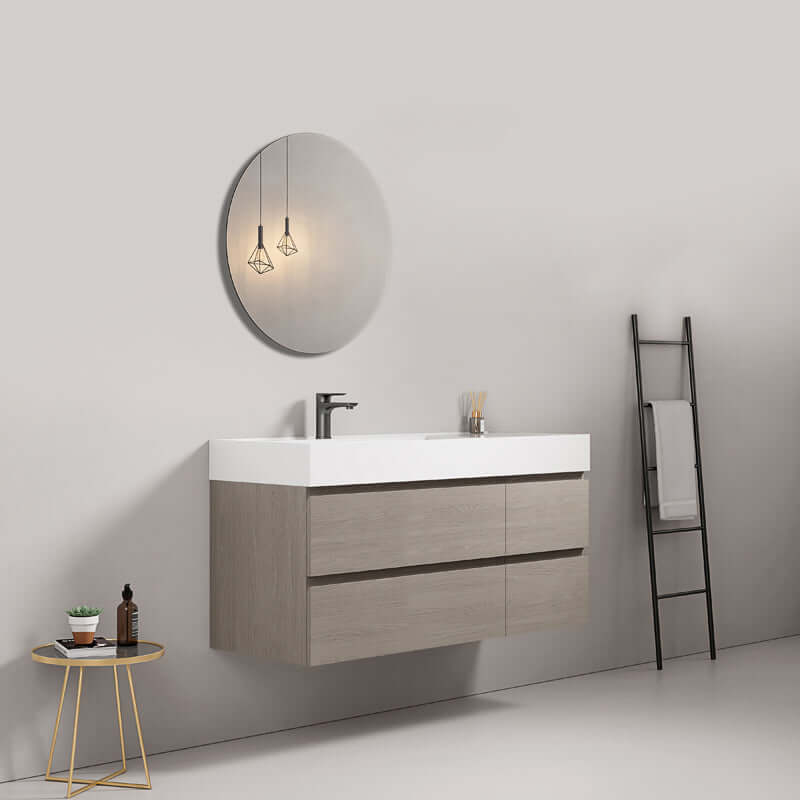 Mobile bagno sospeso 120 cm Beige Lavabo a Sinistra in Resina Specchio Tondo - Fiji Wood