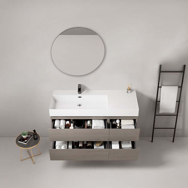 Mobile bagno sospeso 120 cm Beige Lavabo a Sinistra in Resina Specchio Tondo - Fiji Wood