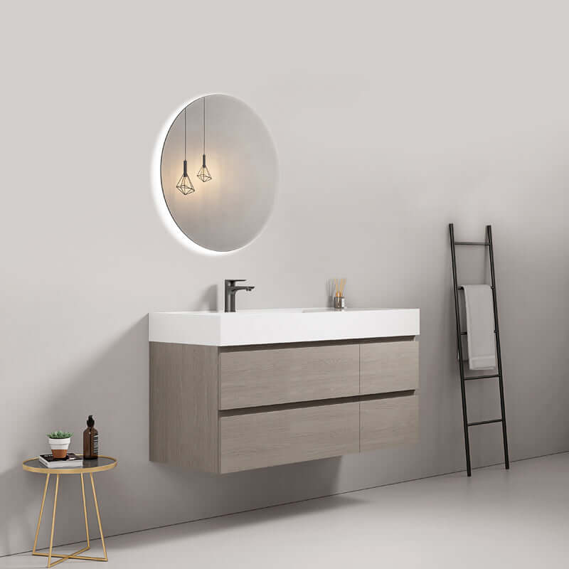 Mobile bagno sospeso 120 cm Beige Lavabo a Sinistra in Resina Specchio Tondo Retroilluminato - Fiji Wood