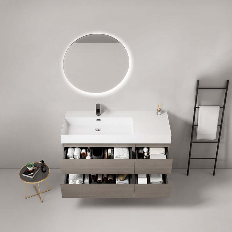 Mobile bagno sospeso 120 cm Beige Lavabo a Sinistra in Resina Specchio Tondo Retroilluminato - Fiji Wood