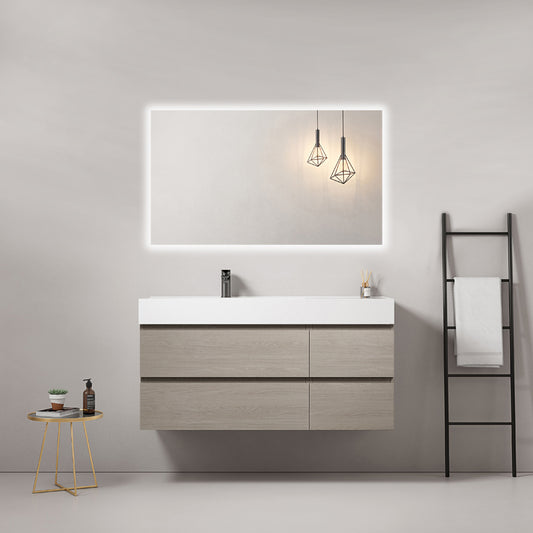 120cm Beige Wall-hung Bathroom Cabinet Left-Hand Resin Sink Backlit Square Mirror - Fiji Wood