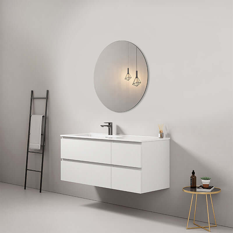 Mobile bagno sospeso 120 cm Bianco Lavabo a Sinistra in Ceramica Specchio Tondo - Fiji Wood
