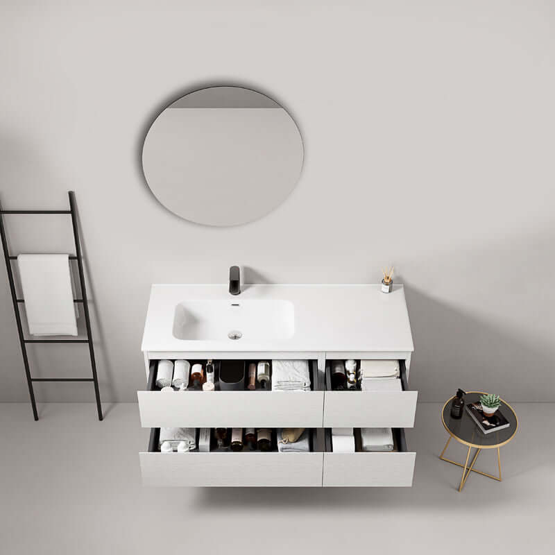 Mobile bagno sospeso 120 cm Bianco Lavabo a Sinistra in Ceramica Specchio Tondo - Fiji Wood