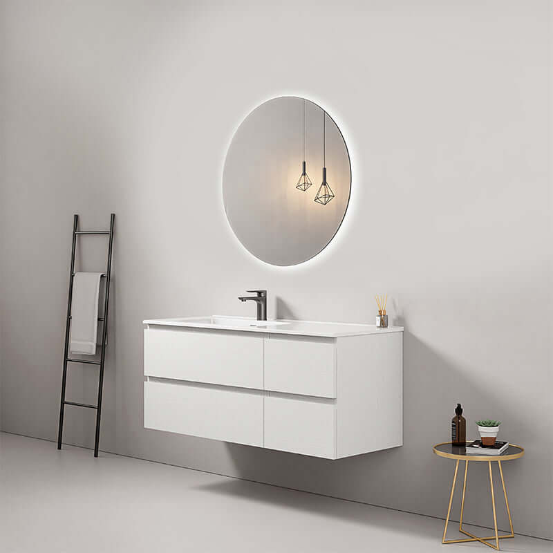 Mobile bagno sospeso 120 cm Bianco Lavabo a Sinistra in Ceramica Specchio Tondo Retroilluminato - Fiji Wood