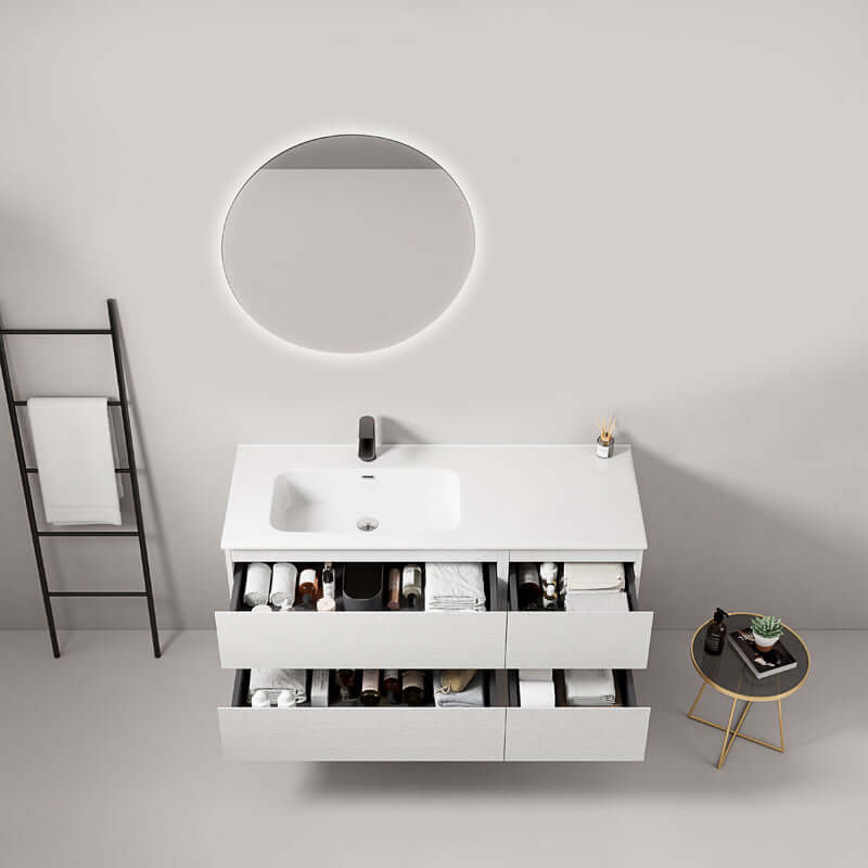 Mobile bagno sospeso 120 cm Bianco Lavabo a Sinistra in Ceramica Specchio Tondo Retroilluminato - Fiji Wood