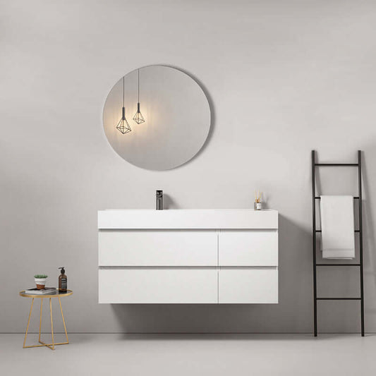 Mobile bagno sospeso 120 cm Bianco Lavabo a Sinistra in Resina Specchio Tondo - Fiji Wood