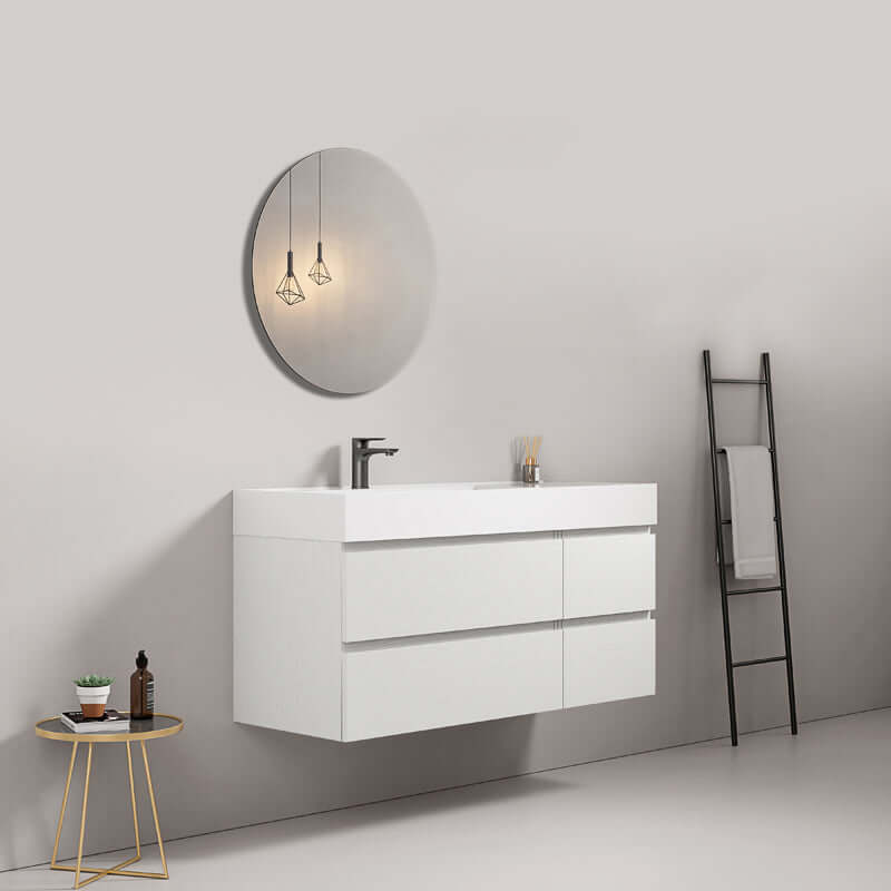 Mobile bagno sospeso 120 cm Bianco Lavabo a Sinistra in Resina Specchio Tondo - Fiji Wood