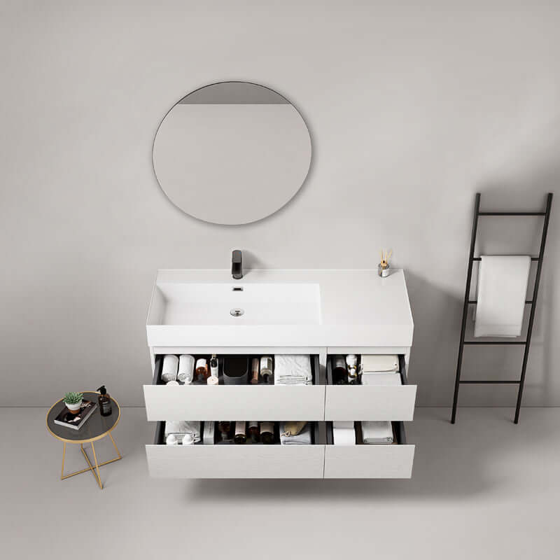 Mobile bagno sospeso 120 cm Bianco Lavabo a Sinistra in Resina Specchio Tondo - Fiji Wood