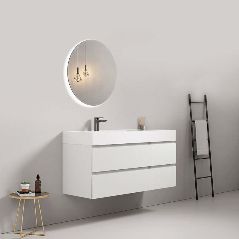 Mobile bagno sospeso 120 cm Bianco Lavabo a Sinistra in Resina Specchio Tondo Retroilluminato - Fiji Wood