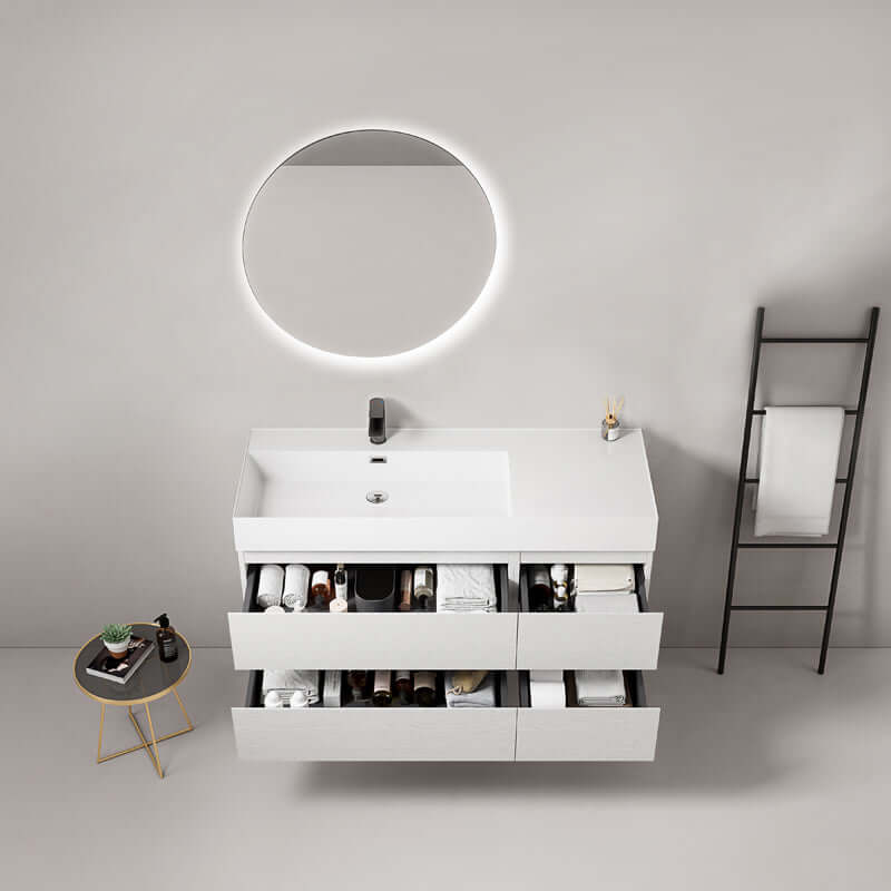 Mobile bagno sospeso 120 cm Bianco Lavabo a Sinistra in Resina Specchio Tondo Retroilluminato - Fiji Wood
