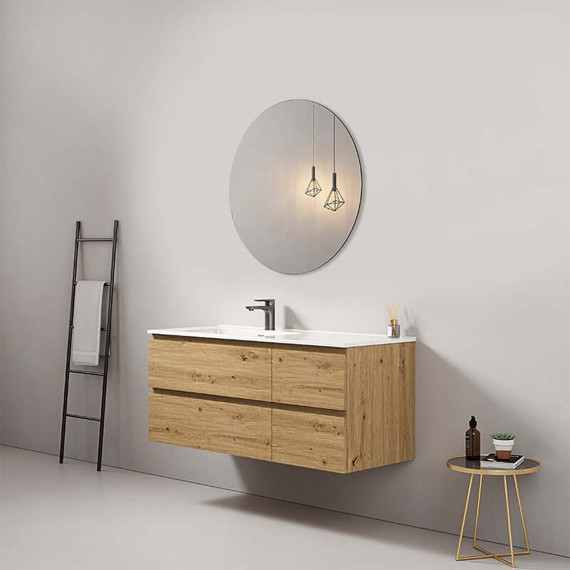Mobile bagno sospeso 120 cm Bruno Medio Lavabo a Sinistra in Ceramica Specchio Tondo - Fiji Wood