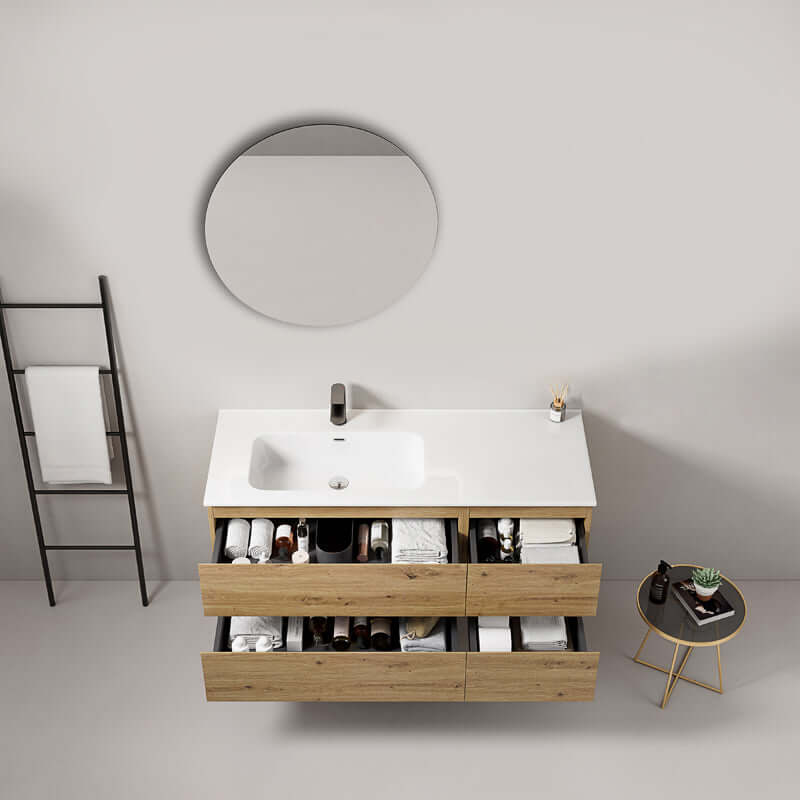 Mobile bagno sospeso 120 cm Bruno Medio Lavabo a Sinistra in Ceramica Specchio Tondo - Fiji Wood