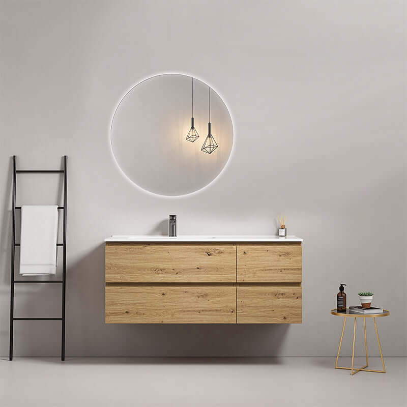 Mobile bagno sospeso 120 cm Bruno Medio Lavabo a Sinistra in Ceramica Specchio Tondo Rettroilluminato - Fiji Wood