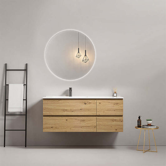 Mobile bagno sospeso 120 cm Bruno Medio Lavabo a Sinistra in Ceramica Specchio Tondo Rettroilluminato - Fiji Wood