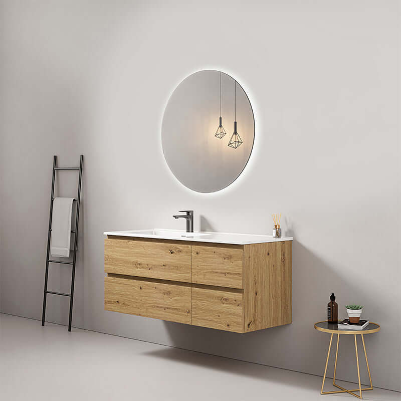 Mobile bagno sospeso 120 cm Bruno Medio Lavabo a Sinistra in Ceramica Specchio Tondo Rettroilluminato - Fiji Wood