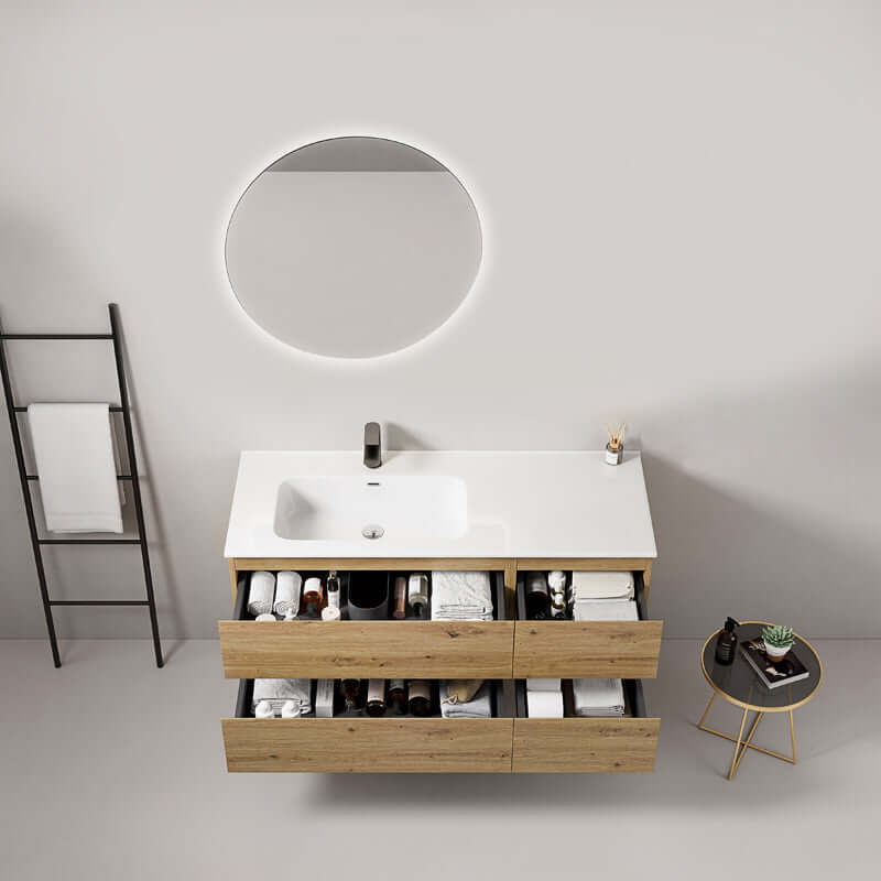 Mobile bagno sospeso 120 cm Bruno Medio Lavabo a Sinistra in Ceramica Specchio Tondo Rettroilluminato - Fiji Wood