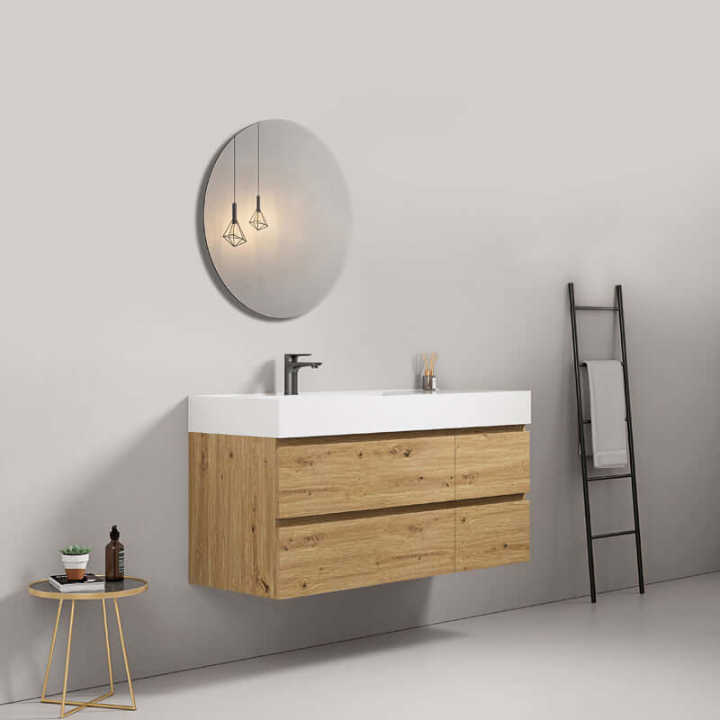 Mobile bagno sospeso 120 cm Bruno Medio Lavabo a Sinistra in Resina Specchio Tondo - Fiji Wood