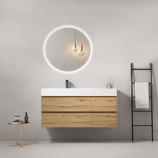 Mobile bagno sospeso 120 cm Bruno Medio Lavabo a Sinistra in Resina Specchio Tondo Retroilluminato - Fiji Wood