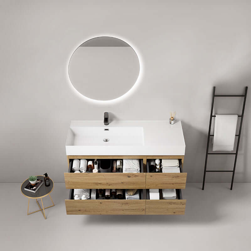 Mobile bagno sospeso 120 cm Bruno Medio Lavabo a Sinistra in Resina Specchio Tondo Retroilluminato - Fiji Wood