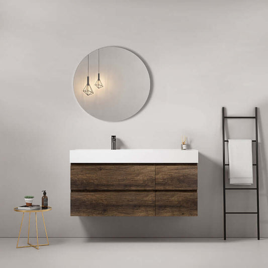 Mobile bagno sospeso 120 cm Bruno Scuro Lavabo a Sinistra in Resina Specchio Tondo - Fiji Wood