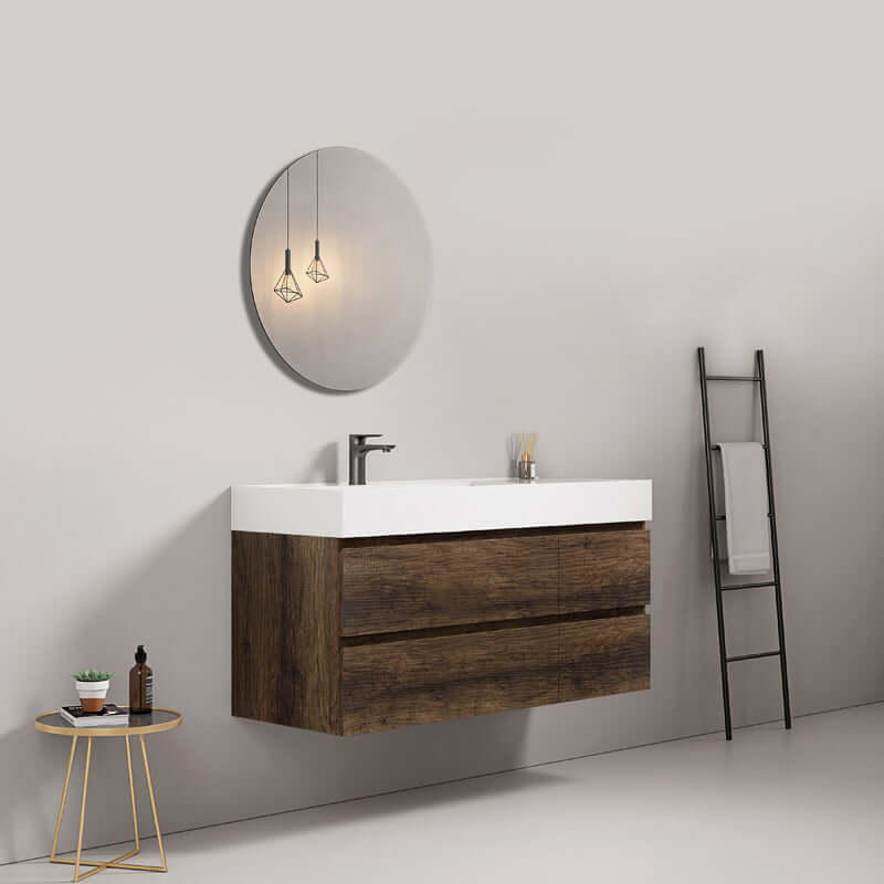Mobile bagno sospeso 120 cm Bruno Scuro Lavabo a Sinistra in Resina Specchio Tondo - Fiji Wood