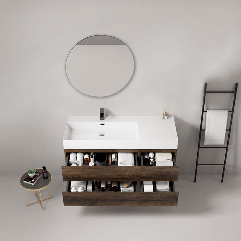 Mobile bagno sospeso 120 cm Bruno Scuro Lavabo a Sinistra in Resina Specchio Tondo - Fiji Wood