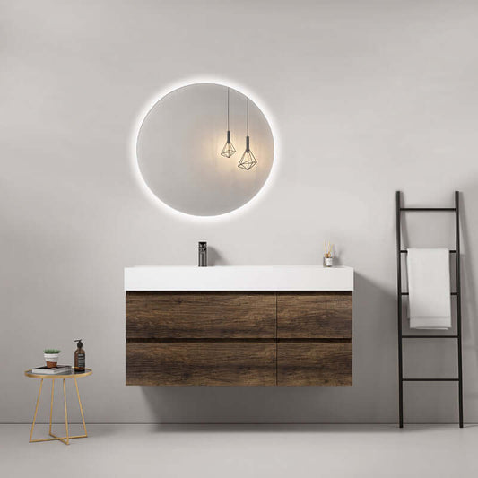 Mobile bagno sospeso 120 cm Bruno Scuro Lavabo a Sinistra in Resina Specchio Tondo Retroilluminato - Fiji Wood