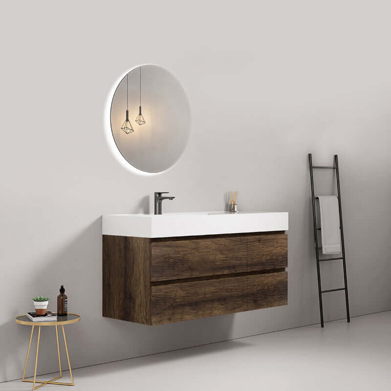 Mobile bagno sospeso 120 cm Bruno Scuro Lavabo a Sinistra in Resina Specchio Tondo Retroilluminato - Fiji Wood