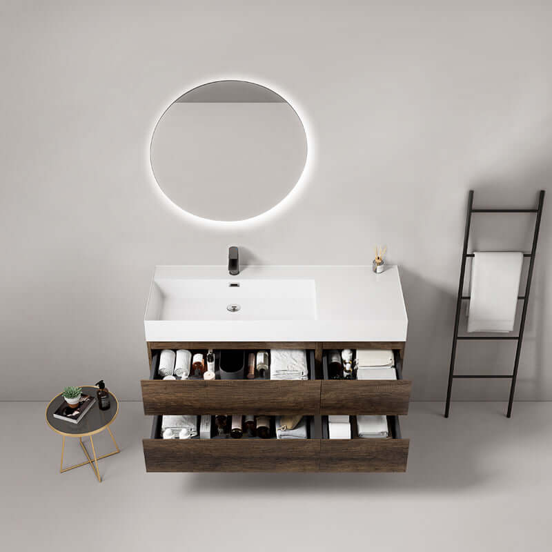 Mobile bagno sospeso 120 cm Bruno Scuro Lavabo a Sinistra in Resina Specchio Tondo Retroilluminato - Fiji Wood