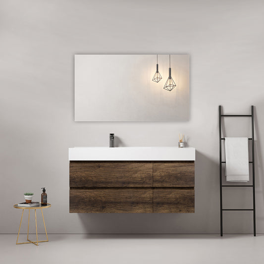 120cm Dark Brown Wall-Hung Bathroom Cabinet Left-Hand Resin Sink Square Mirror - Fiji Wood