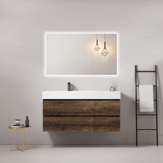 Mobile bagno sospeso 120 cm Bruno Scuro Lavabo a Sinistra in Resina Specchio Quadro Retroilluminato - Fiji Wood