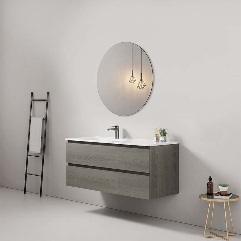Mobile bagno sospeso 120 cm Grey Lavabo a Sinistra in Ceramica Specchio Tondo - Fiji Wood