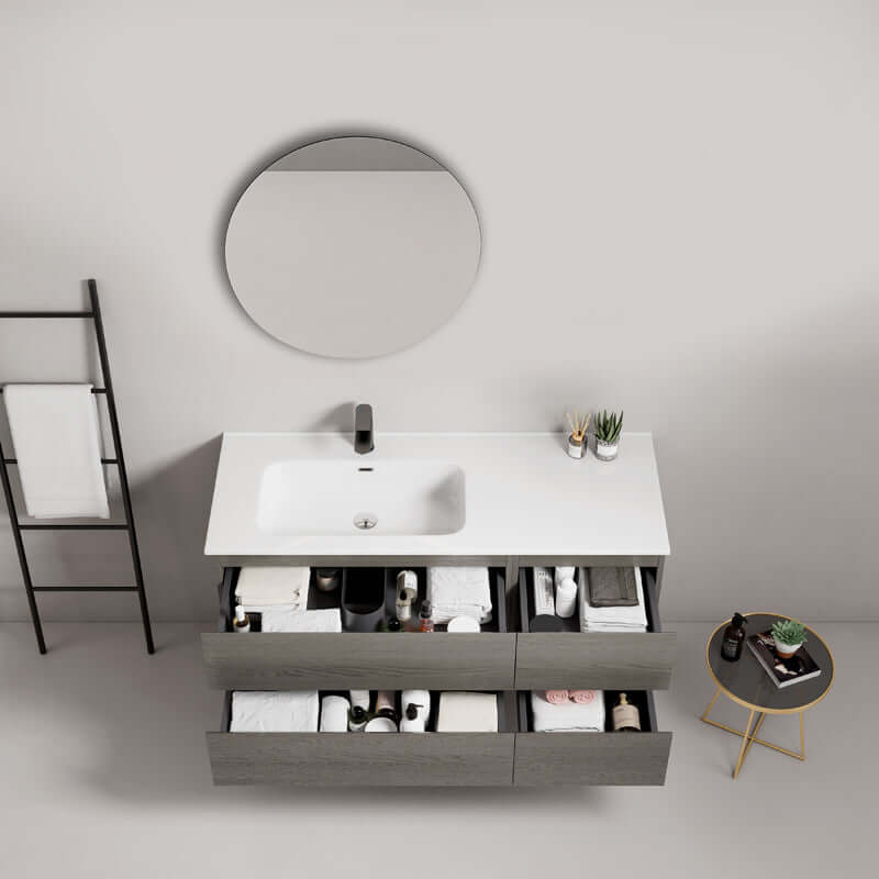 Mobile bagno sospeso 120 cm Grey Lavabo a Sinistra in Ceramica Specchio Tondo - Fiji Wood