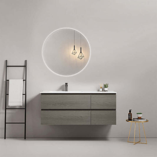Mobile bagno sospeso 120 cm Grey Lavabo a Sinistra in Ceramica Specchio Tondo Retroilluminato - Fiji Wood