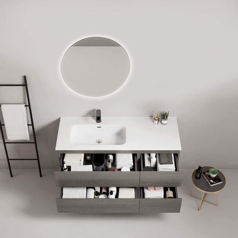 Mobile bagno sospeso 120 cm Grey Lavabo a Sinistra in Ceramica Specchio Tondo Retroilluminato - Fiji Wood