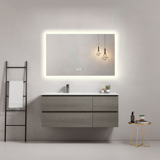 Mobile bagno sospeso 120 cm Grey Lavabo a Sinistra in Ceramica Specchio Quadro Retroilluminato - Fiji Wood
