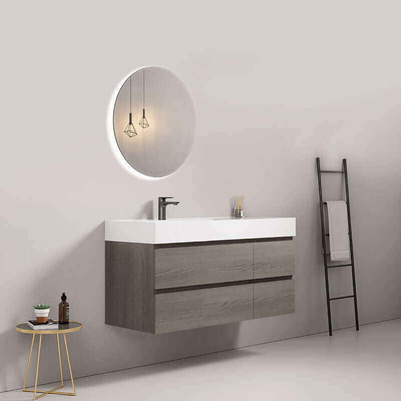 Mobile bagno sospeso 120 cm Grey Lavabo a Sinistra in Resina Specchio Tondo Retroilluminato - Fiji Wood