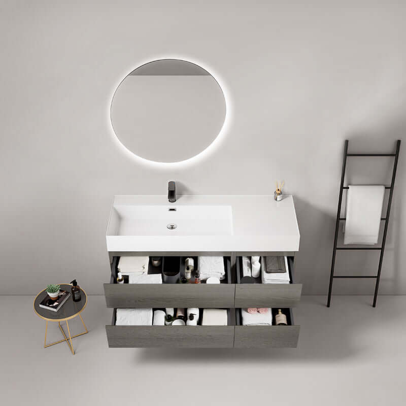 Mobile bagno sospeso 120 cm Grey Lavabo a Sinistra in Resina Specchio Tondo Retroilluminato - Fiji Wood