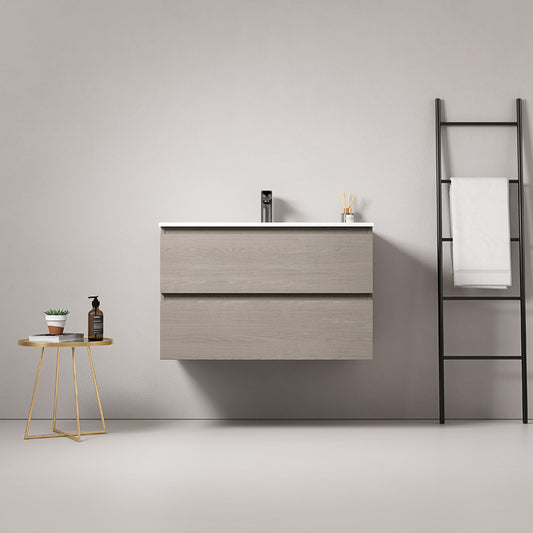 Mobile bagno sospeso 100 cm Beige Lavabo in Ceramica Senza Specchio - Fiji Wood