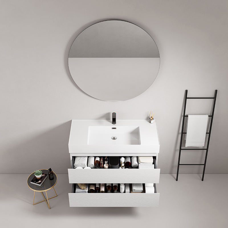 Mobile bagno sospeso 80 cm Bianco Lavabo in Resina Specchio Tondo - Fiji Wood