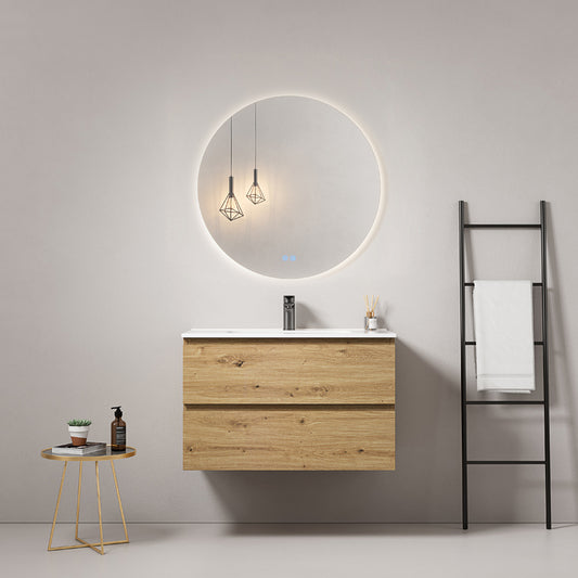 Mobile bagno sospeso 100 cm Bruno Medio Lavabo in Ceramica Specchio Tondo Retroilluminato - Fiji Wood