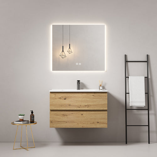 Mobile bagno sospeso 80 cm Bruno Medio Lavabo in Ceramica Specchio Quadro Retroilluminato - Fiji Wood